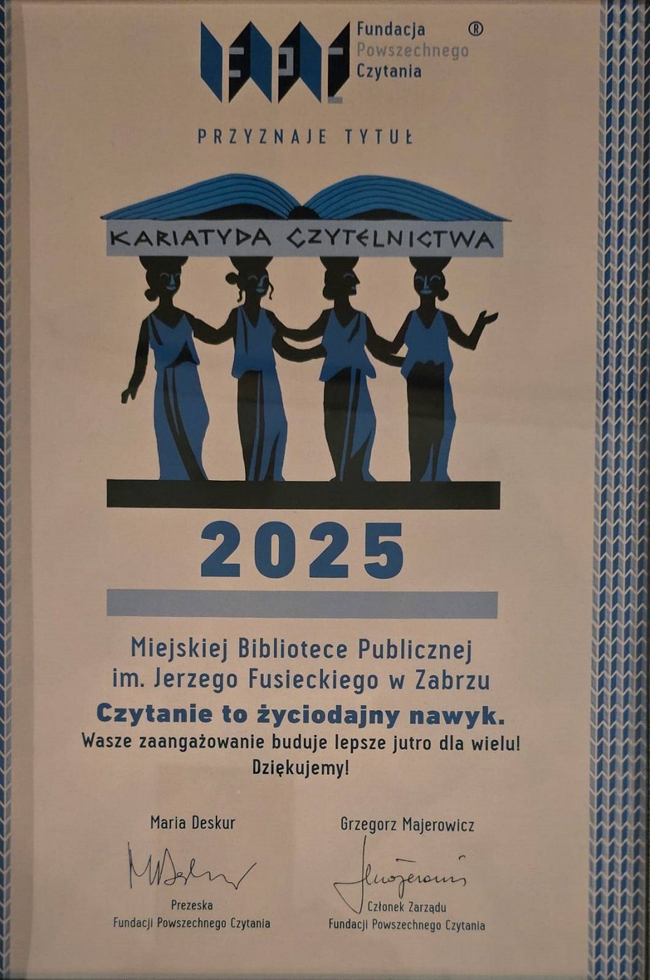 Biblioteka w Zabrzu nagrodzona za promocję kultury czytania – Kariatyda Czytelnictwa 2025